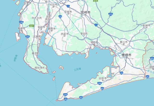 愛知県の潮干狩りができる場所（貝がいる場所は西側・中央・東側の海岸沿い）